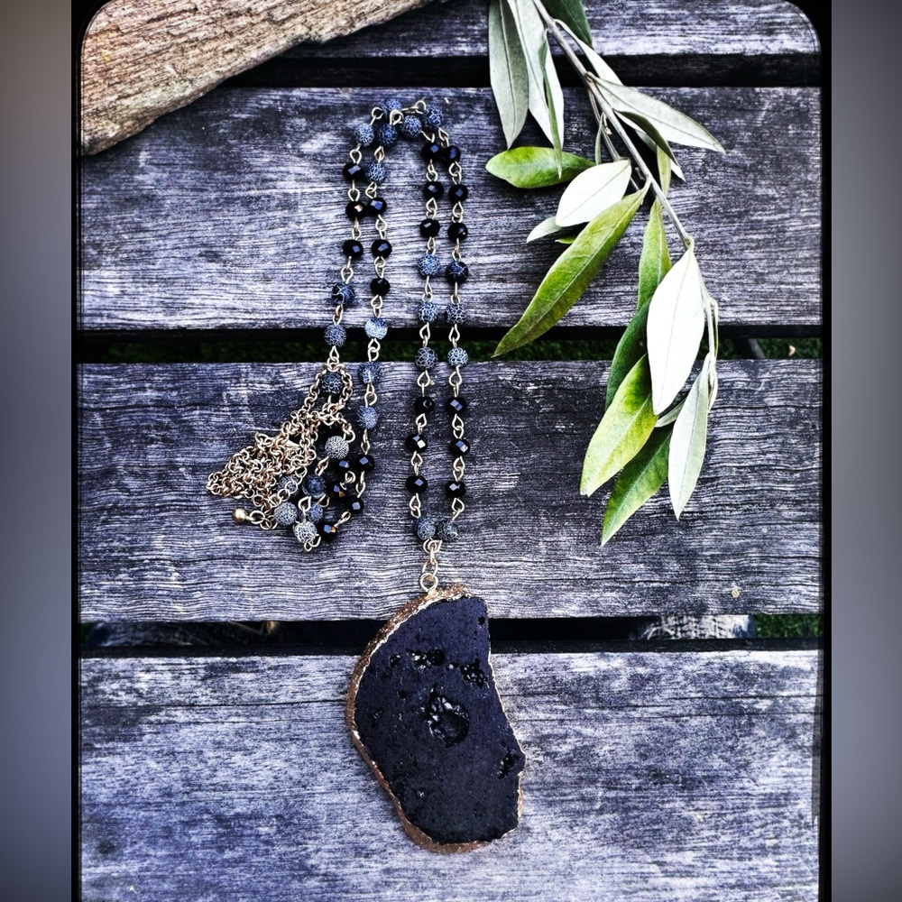 Large Black Druzy Sliced Slab Pendant Necklace